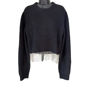 House of Harlow Wool Mohair Sweater Sz L Black Rhinestone Fringe Holiday Party
